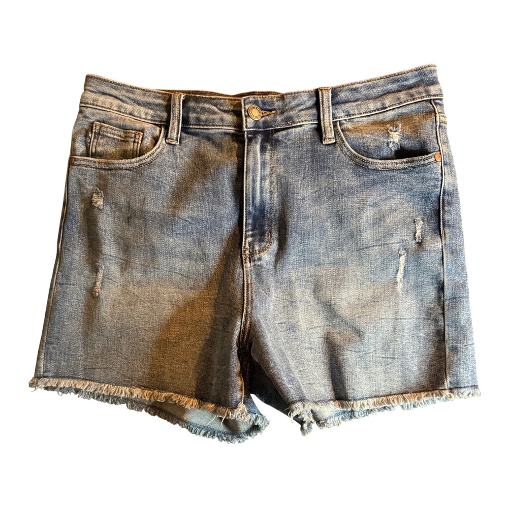 Judy Blue JB150040 Jean Shorts Womens XL Blue Distressed Frayed Hem High Rise